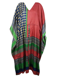  Festive Boho Beach Kaftan, Red, Green Check Silk Caftan Maxi Dress L-2X