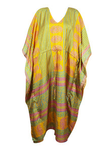  Boho Beach Maxi Kaftan, Yellow, Green Floral Silk Caftan Dress, L-2X