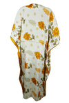 Women Boho Eco Chic Beach Orange, Floral White Maxi Caftan L-2X