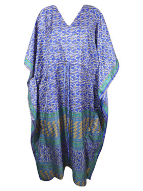 Women Boho Beach Kaftan, Lapis Blue Maxi Silk Kaftan, L-2X