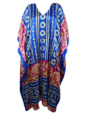 Women Boho Beach Kaftan, Admiral Blue, Red Maxi Caftan, L-2X