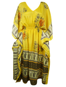  Boho Beach Maxi Kaftan, Golden Yellow, Floral Silk Caftan Dress, L-2X
