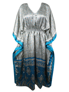  Boho Beach Maxi Dress Kaftan, Gray, Blue Floral Silk Kaftan, L-2X