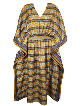 Beach Kaftan Maxi Dresses, Yellow Blue Recycle Silk Kaftan One Size