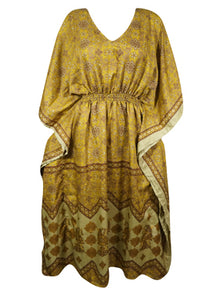  Women Recycle Silk Maxi Kaftan Dress, Yellow Gold Caftan Kimono Dresses L-2X