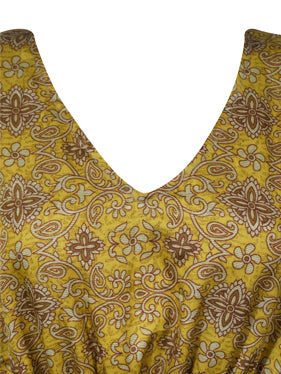 Women Recycle Silk Maxi Kaftan Dress, Yellow Gold Caftan Kimono Dresses L-2X