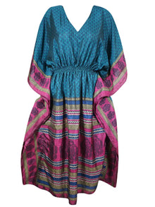 Boho Summer Maxi Kaftan For Women's Blue, Floral Print Caftan Dress L-2X