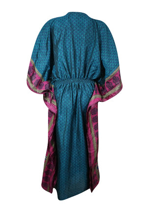 Boho Summer Maxi Kaftan For Women's Blue, Floral Print Caftan Dress L-2X