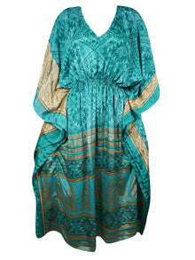  Boho Summer Maxi Kaftan For Women's Sea Blue, Floral Print Caftan Dress L-2X