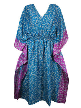 Boho Summer Maxi Kaftan For Women, Cerulean Blue, Floral Caftan Dress L-2X