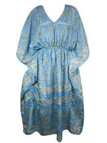  Boho Summer Maxi Kaftan For Women, Cerulean Blue  Floral Caftan Dress L-2X