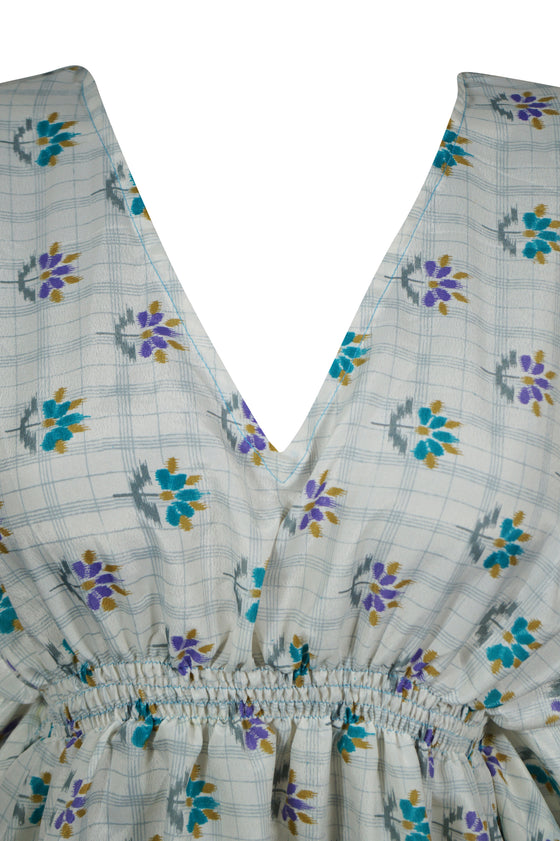 Women Beach Kaftan Dress, Blue Floral Print, Midi Caftan, Lounge wear Resort dress, One size