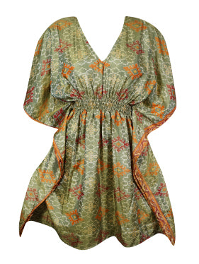Summer Beach Kaftan Dress, Green Floral Resort Wear Caftan Dresses SML