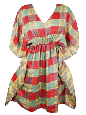 Boho Summer Maxi Kaftan For Women, Stylish Red Box Print Caftan Dress SML