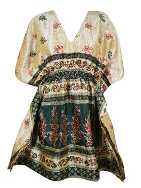 Women, Summer Beach Kaftan Beige Green Floral Resort Wear Caftan Dresses One size