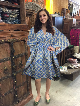 Boho Blue Beach Coverup Kaftan Floral Short Summer Dresses, One size