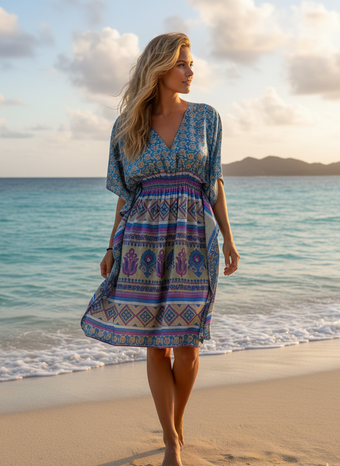 Azure Blue Boho Kaftan – Recycled Silk Tunic Beach Cover-Up for Women One size