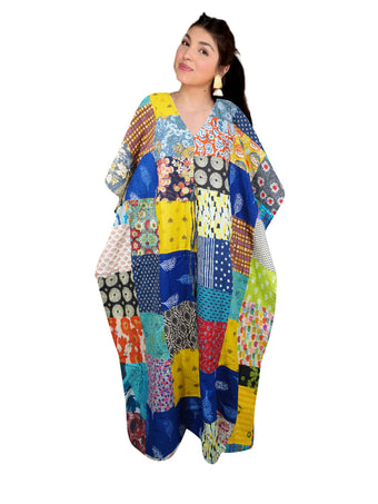 Women’s Multicolor Cotton Patchwork Maxi Kaftan  Long Boho Beach Cover-Up Dress L-3X