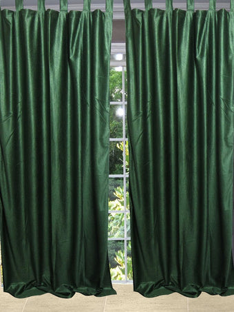 2 Green Velvet Curtains – Handmade Tab Top Drapes for Windows, Luxurious Textured Drapes