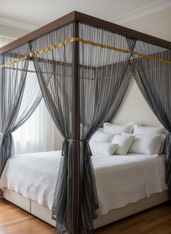 Pair of Sheer Gray Window Curtains – Gold Tab Top Bed Canopy Drapes, Elegant Home Décor