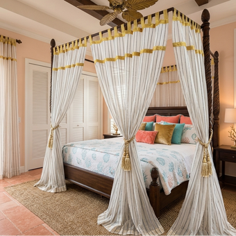 Pair of Sheer Beige & White Striped Bed Canopy Window Curtains with Gold Tab Top