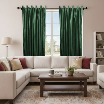 Pair of Green Velvet Feel Curtains – Textured Tab Top Drapes for Boho Chic Interiors, 96