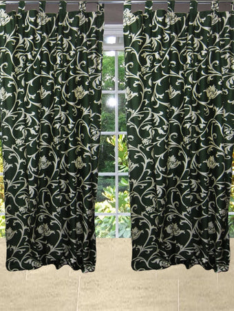 Textured Boho Curtain Pair – Green & Beige Tab Top Drapes for Cozy Home Décor