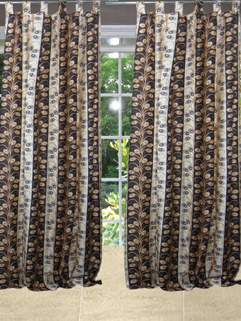 Textured Boho Curtain Pair – Green & Beige Tab Top Drapes for Cozy Bedroom Décor