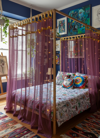 Bedroom with a canopy bed, colorful bedding, and decorative pillows.