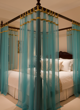 Pair of Sheer Blue Window Curtains with Gold Tab Top – Elegant Bed Canopy & Home Décor Drapes