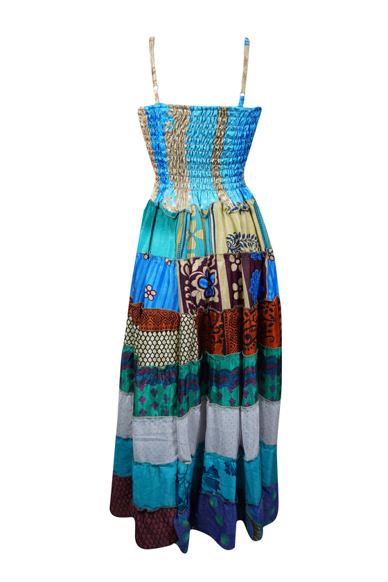 Womens Maxi Dress, Strap Dresses, Gray Blue Summer Gorgeous Recycle Sari Dresses S/M
