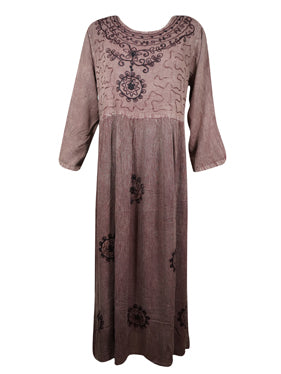 Brown Crinkle Rayon Dresses, Vintage Gothic Retro Embroidered Dress L
