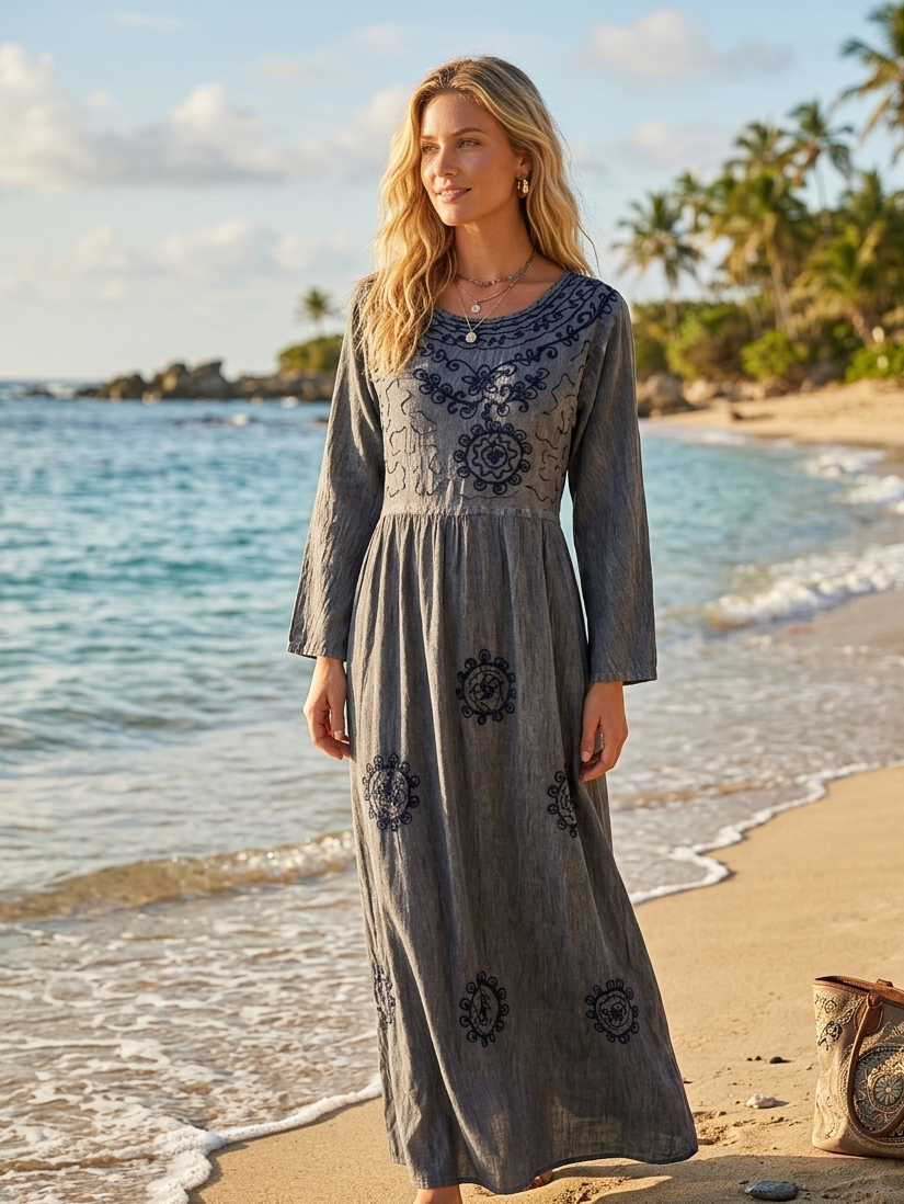 Women’s Ren Faire Gray Maxi Dress – Loose Shift Embroidered Boho Dress L