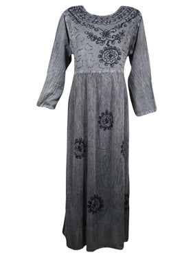 90s Gray Crinkle Rayon Boho Embroidered Maxi Dress, Long Sleeve Ren Fairy Dresses L
