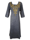 Womens Embroidered Long Maxi Dress, Gray Travel Dress, Gift, Hippy Stylish Dress M