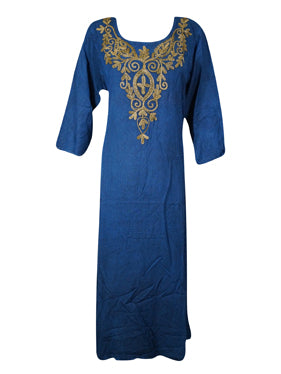 Vintage Gothic Retro Embroidered Dress, Orchid Blue Boho Maxi Dresses M