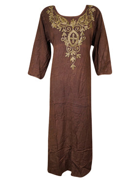 Boho Maxi dress, Free Spirit Hippie Rustic Brown Long Dress Round Neck Maxidress M