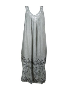  Women's Maxi Sundress, Gray Embroidered Beach Bohemian Dresses, Lounger Dress L