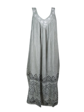 Women's Maxi Sundress, Gray Embroidered Beach Bohemian Dresses, Lounger Dress L