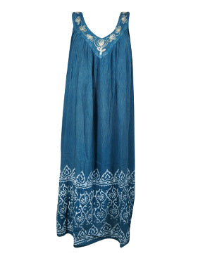 Gorgeous Vintage Blue Maxi Dress, Embroidered Bohemian Maxi Dresses L