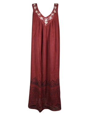 Vintage Hippie Boho Brown Dress, Embroidered Bohemian Comfy Long Dresses L