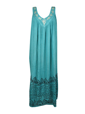Gorgeous Vintage Sky Blue Maxi Dress, Embroidered Bohemian Maxi Dresses L