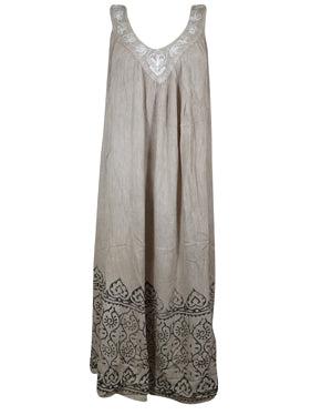 Women's Maxi Sundress, Beige Embroidered Beach Bohemian Maxi Dresses L