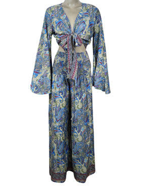 70s Pant Set, Wide Leg Palazzo Pant with Bell Sleeve Tie Top, 2 Piece Pant+ Top Outfit, Matching Set