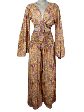 Wide Leg Palazzo Pant with Bell Sleeve Tie Top, Peach Printed 2 Piece Pant+ Top Outfit, Matching Set S/M