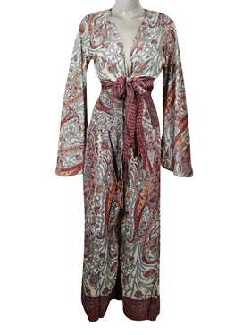 Red White Palazzo Pant with Bell Sleeve Tie Top, Recycle Silk 2 Piece Outfit, Matching Set, S/M