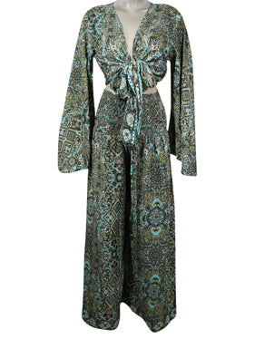 70s Palazzo Pant Set, Wide Leg Pant with Bell Sleeve Tie Top, 2 Piece Pant+ Top Outfit S/M