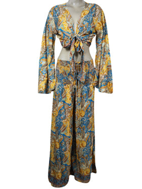Multicolor Palazzo Pant with Bell Sleeve Tie Top, Butter Silk, 2 Piece Outfit, Matching Set, S/M