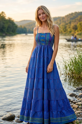 Women’s Blue Strappy Maxi Dress – Long Flowy Beach Summer Dress S/M