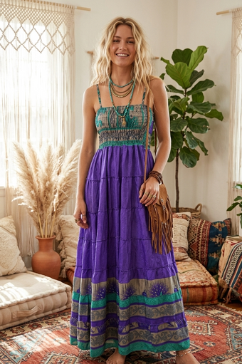 Women’s Spanish Violet Maxi Dress – Strappy Flowy Summer Beach Dress S/M